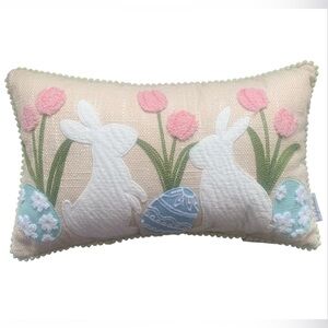 Throw Pillow Velvet Rabbits Embroidered Tulips Colored Egg Loving Kindness 10x16